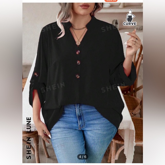 SHEIN LUNE ROLL TAB SLEEVE BLOUSE BLACK SHEIN CURVE SIZE 14 1XL 1X TUNIC TOP - Picture 2 of 6